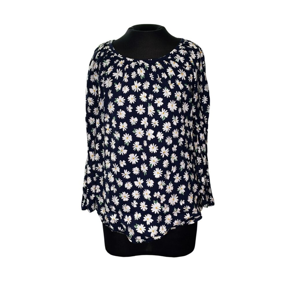Old Navy Womens Navy Blue Floral Daisy Print Blouse Top L Made In India